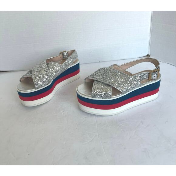 Auth Gucci Cross Sparkly Straps Red White Blue Platform Slingback Sandals Sz 4.5 - Picture 1 of 14